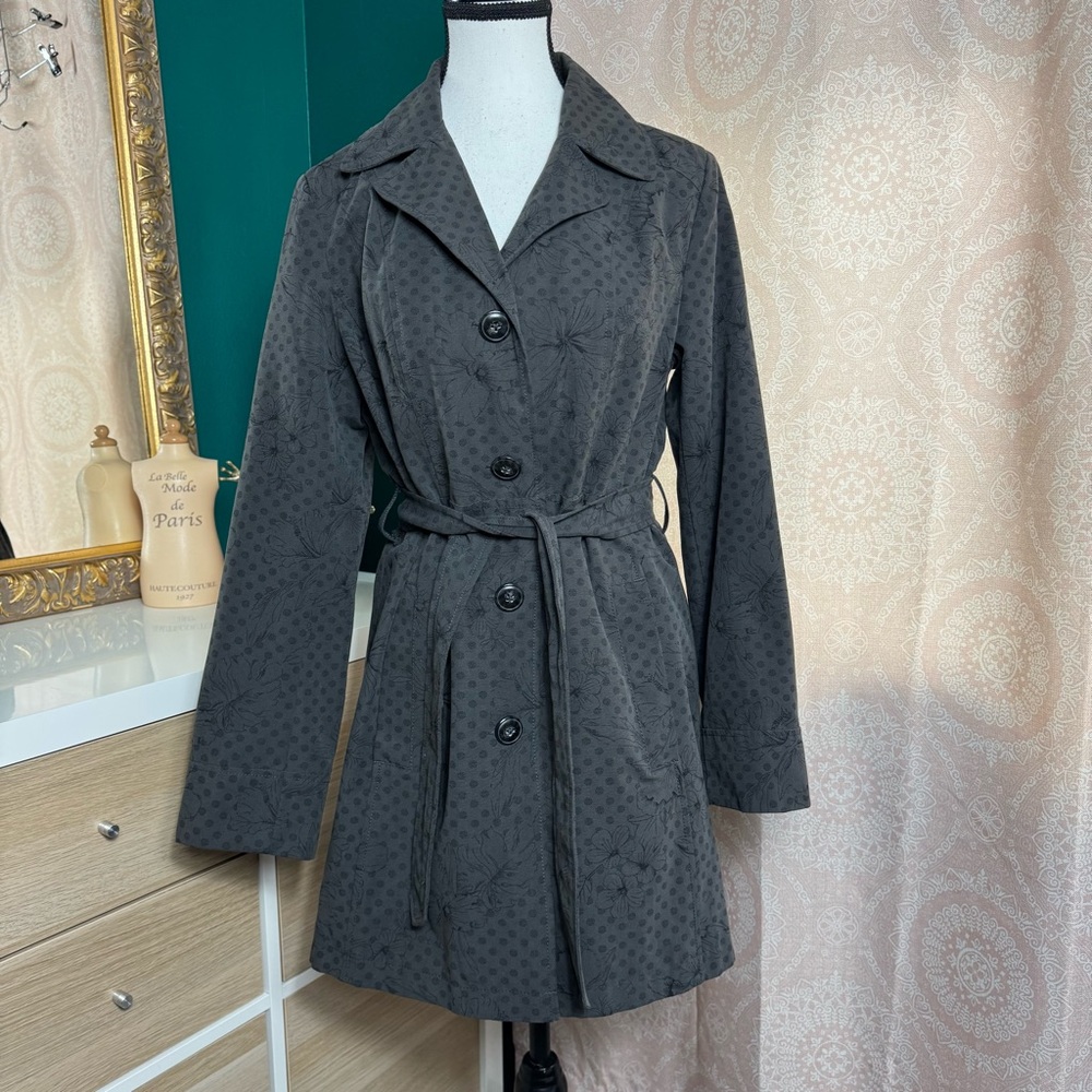 Relativity Polka Dot Hibiscus Floral Black Print Gray Trench Coat Size Small